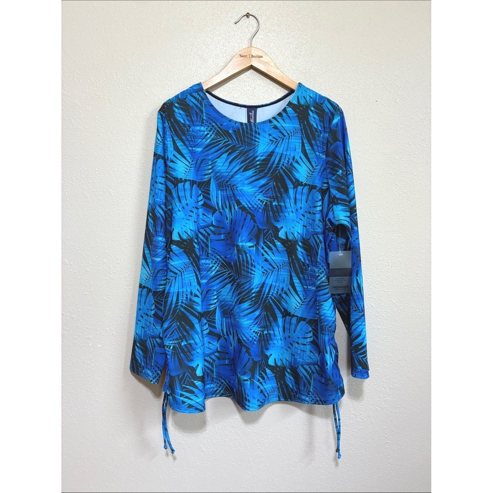 NEW Swimsuits for All Size 22 Blue Black Tropical Print Rashguard Swim Cover Top